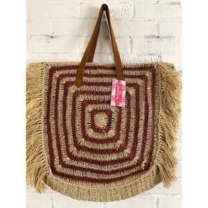 Bohemian Straw Tote Bag with Brown Leather Handles - Red/Cream